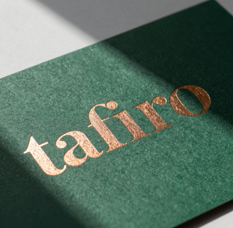 Extreme close-up of high-contrast directional studio lighting casting sharp shadows on printed brand collateral, textured forest green paper with debossed copper foil typography, clean workspace background.
