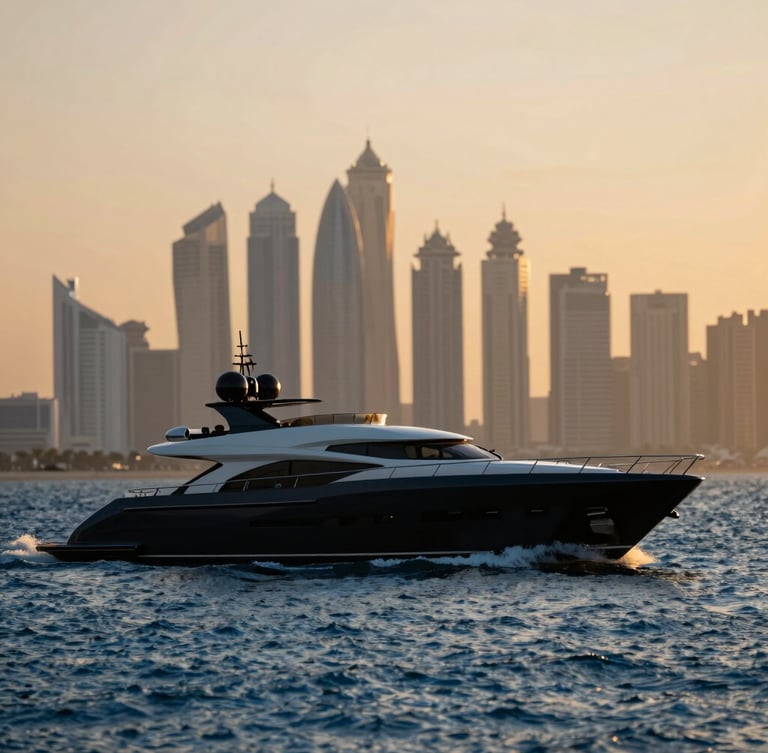 Sleek superyacht silhouette cutting through deep blue water at golden hour, Dubai skyline blurred in the background, cinematic lighting, portrait crop.