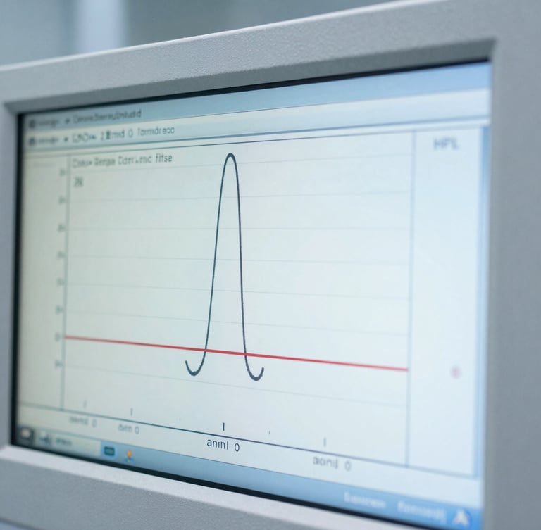 Macro shot of a digital HPLC readout screen displaying sharp chromatogram peaks in a brightly lit, cool clinical laboratory.
