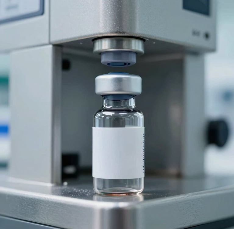 Close-up shot of a sealed peptide vial inside a sterile cleanroom, stainless steel equipment background, cool clinical laboratory light, 35mm