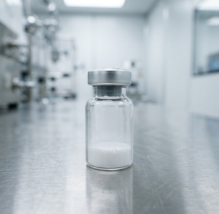 Clinical industrial photography, bright cool laboratory light, a close-up of a sealed peptide vial on a stainless steel surface, sharp macro details, 35mm