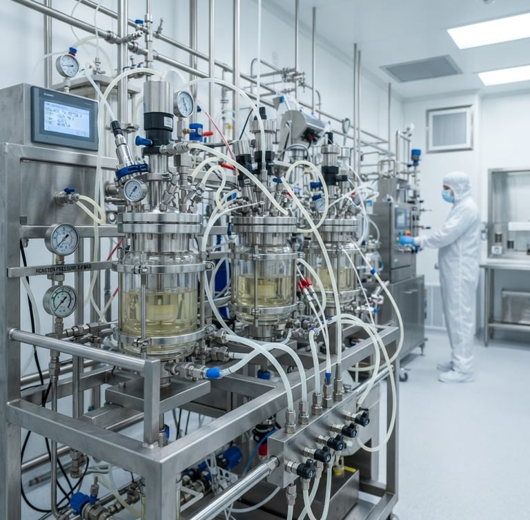 Clinical industrial photography of stainless steel peptide synthesis reactors in a sterile cleanroom under bright cool laboratory light, sharp macro details, 35mm