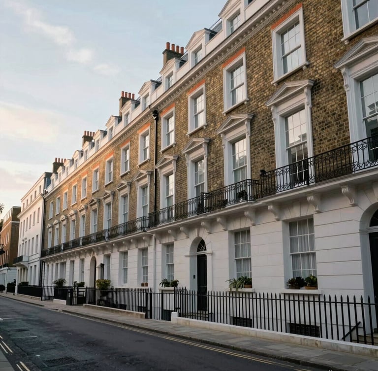 Wide-angle architectural view of a refined London residential street, elegant brick facades under soft morning daylight, quiet streetscape.