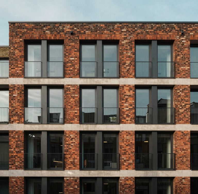 Straight-on architectural photograph of a modern London residential brick building facade, soft morning daylight, clean lines, balanced framing.