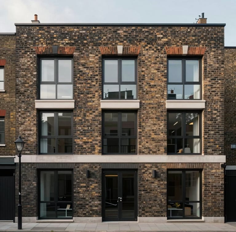 Straight-on architectural photograph of a modern London residential brick townhouse facade, soft natural morning daylight, balanced composition with clean lines, high-end editorial style.