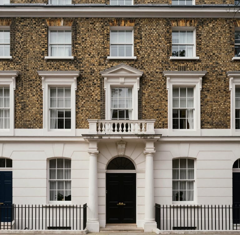 Straight-on architectural photograph of a classic London brick townhouse facade, soft natural daylight, clean lines, balanced composition.