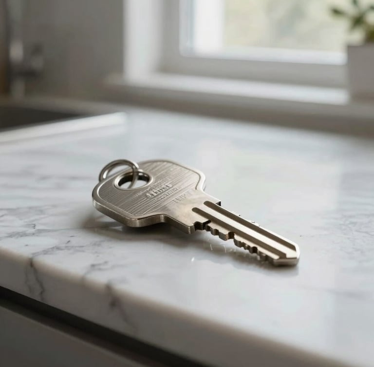 Close-up of a modern brushed-metal key resting on a pristine marble kitchen counter, soft natural window light, shallow depth of field.