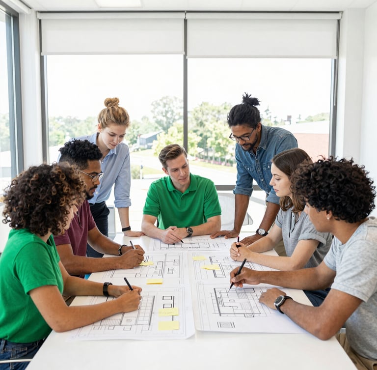 Bright editorial photography, natural daylight, a diverse team of community planners collaborating around a table with blueprints and sticky notes in a sunlit Etowah office, wide angle, 35mm