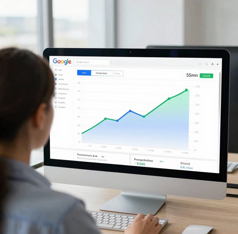 Over-the-shoulder shot looking at a high-density Google Ads dashboard with positive growth curves, bright natural office light, cool blue and green accents, sharp focus, 35mm lens