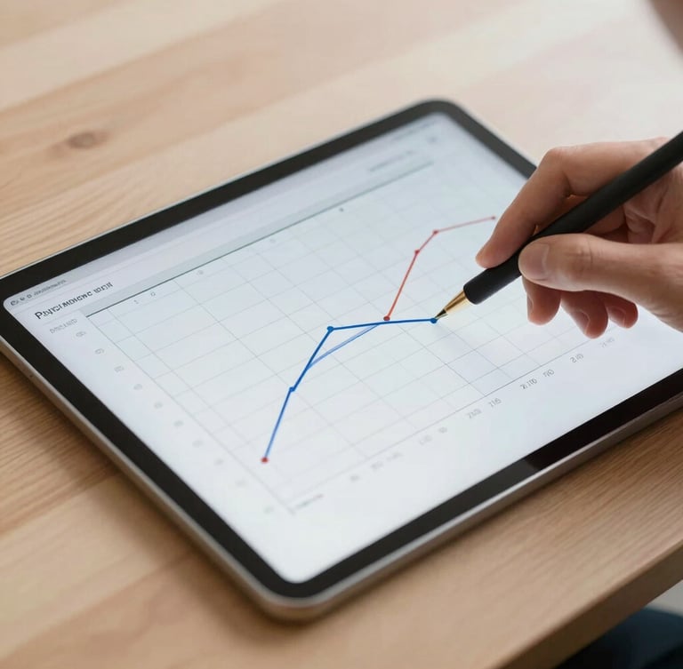 A close-up of a professional analyzing clean psychometric charts on a tablet, soft natural daylight, minimalist wooden desk background, high contrast.