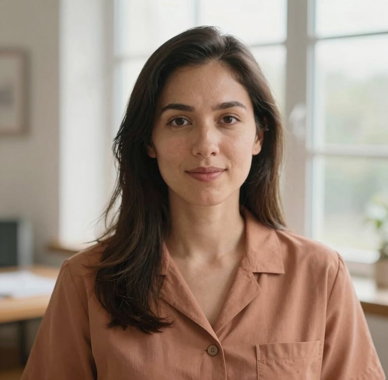 Warm environmental portrait of a professional female psychologist, natural window light, soft terracotta tones, shallow depth of field, 35mm