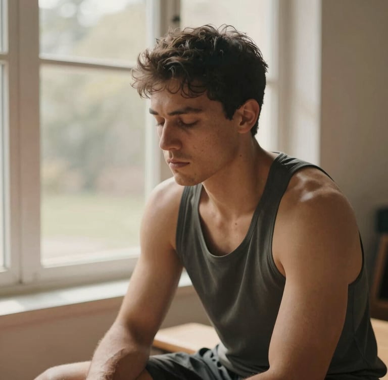 Medium close-up of a focused athlete sitting on a bench, eyes closed, preparing mentally under warm natural window light, soft muted earth tones, shallow depth of field, 35mm