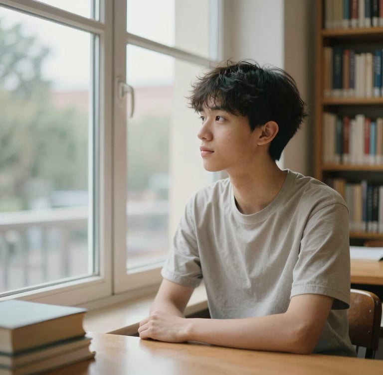 Candid environmental portrait of a young student sitting by a large window in a warm European library, soft natural light, reflective expression, shallow depth of field, 35mm