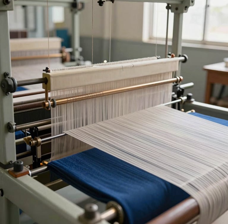 Industrial weaving loom in a clean, modern Tamil Nadu factory, soft side-lighting highlighting the intricate threads and mechanical precision, 35mm lens