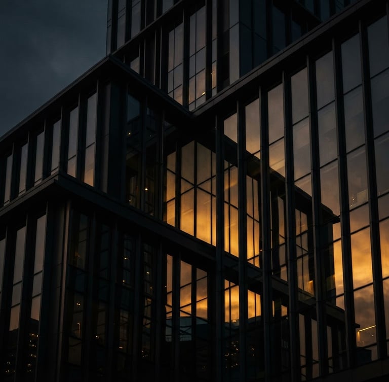 Sleek architectural close-up of a modern steel and glass skyscraper, dramatic low-key lighting, sharp directional key lights, golden hour reflections on dark metal, 35mm