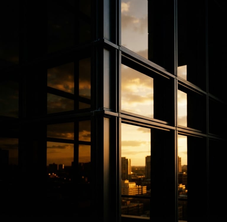 Macro architectural photograph of a sharp steel and glass facade reflecting golden hour light, high-contrast, deep black shadows, 35mm