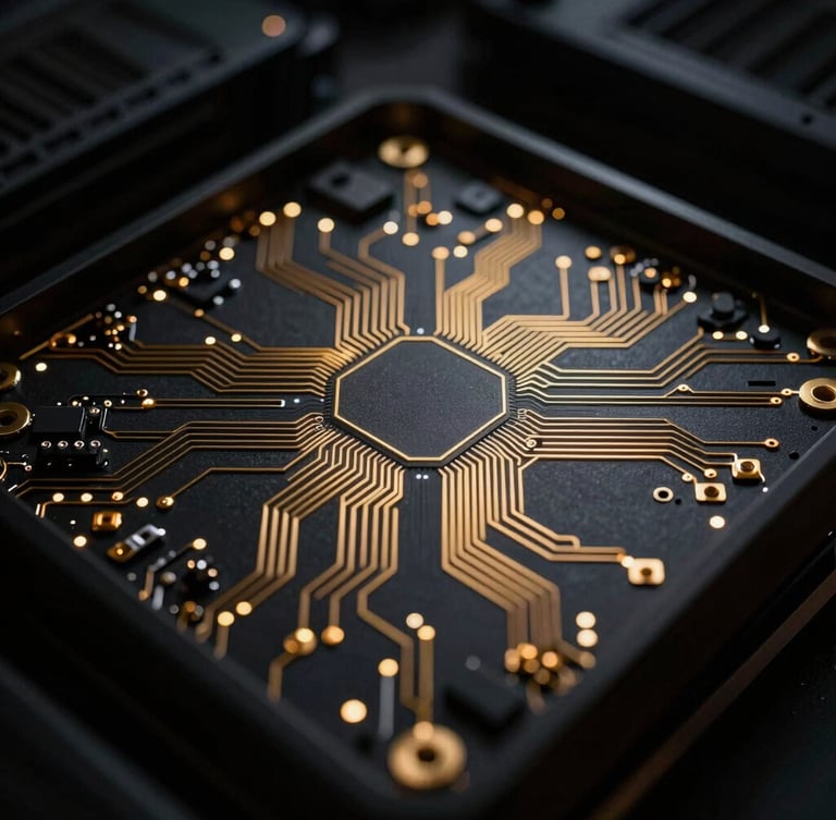 Macro shot of high-end server hardware with subtle golden glowing circuits, dramatic low-key lighting, deep black background, ultra-sharp focus, 35mm