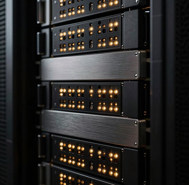 Macro photograph of high-end dark server rack architecture, sharp golden indicator lights reflecting on brushed steel panels, dramatic low-key lighting, 35mm.