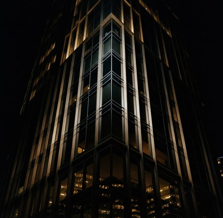 Sleek architectural close-up of modern steel and glass skyscraper corner, low-key dramatic lighting, sharp directional key lights, deep black and gold tones, 35mm