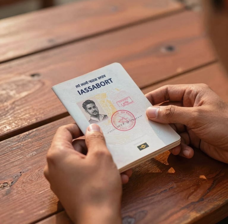 Intimate close-up of hands holding an Indian passport with a stamped visa over a rustic wooden desk, warm terracotta tones, soft golden-hour light, shallow depth of field.