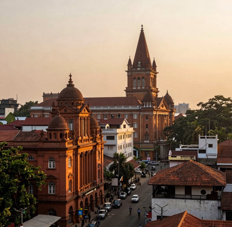 Wide panoramic streetscape of Kolkata at sunrise with warm golden light hitting historical buildings, editorial travel photography, 35mm.