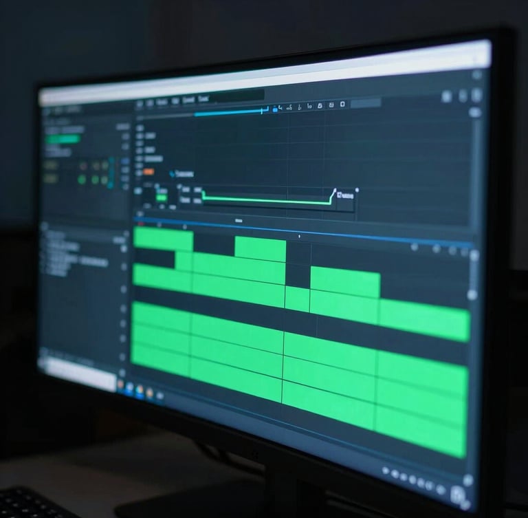 Macro shot of a glowing video editing timeline on a wide curved monitor, electric green render bars casting a cool neon glow on a dark workspace, shallow depth of field.