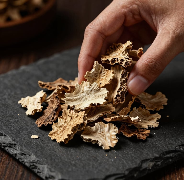 Hands handling raw agarwood chips and precious botanical resins on a dark stone surface, low-key dramatic lighting, warm champagne-gold highlights, macro lens