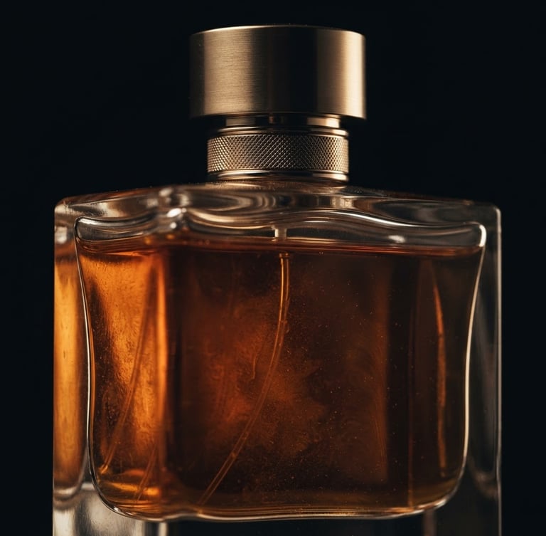 Macro close-up of a sleek glass perfume bottle with liquid amber textures inside, dramatic low-key side lighting, deep obsidian background, warm gold highlights, 35mm