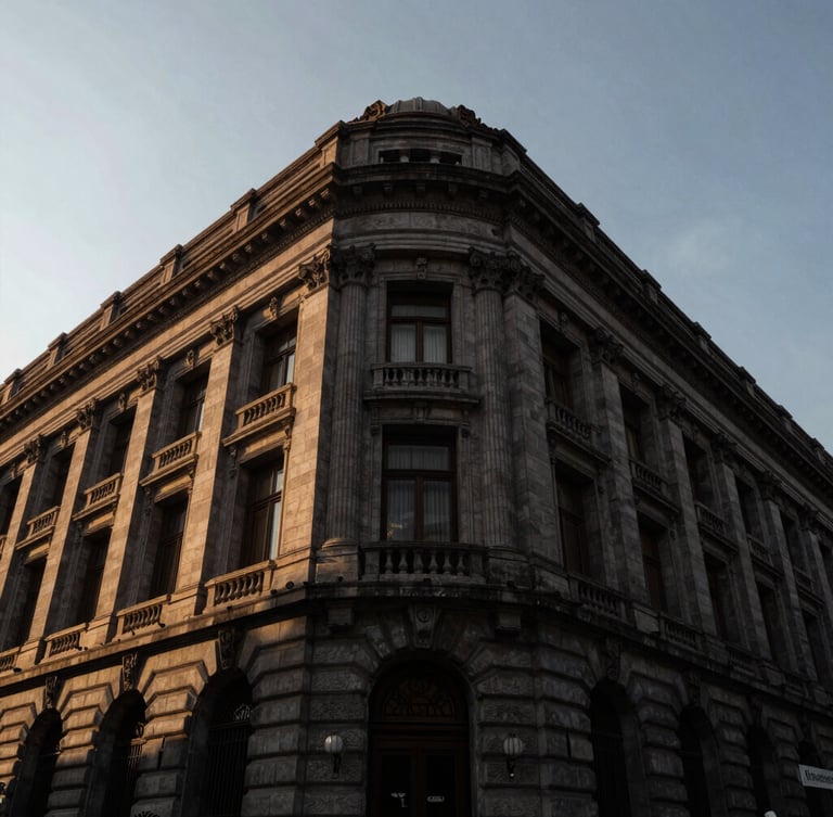 Low-angle view of the Suprema Corte de Justicia de la Nación building in Mexico City, dramatic architectural lines, strong shadows, overcast sky, no people.