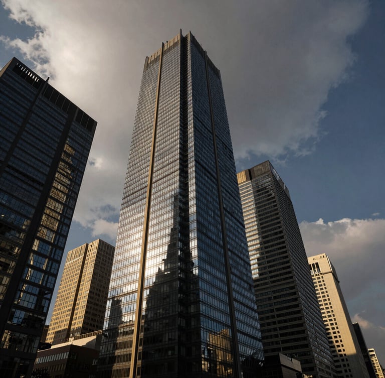 Wide panoramic view of modern corporate skyscrapers in Paseo de la Reforma, Mexico City, under dramatic overcast skies, sharp angles of glass and steel, low-angle perspective, high-contrast, deep shadows, 35mm.