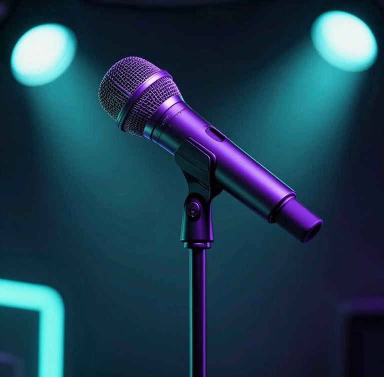 Low-angle dynamic shot of a sleek professional wireless microphone on a stand, illuminated by sharp electric violet and neon teal stage lights, dark atmospheric background.