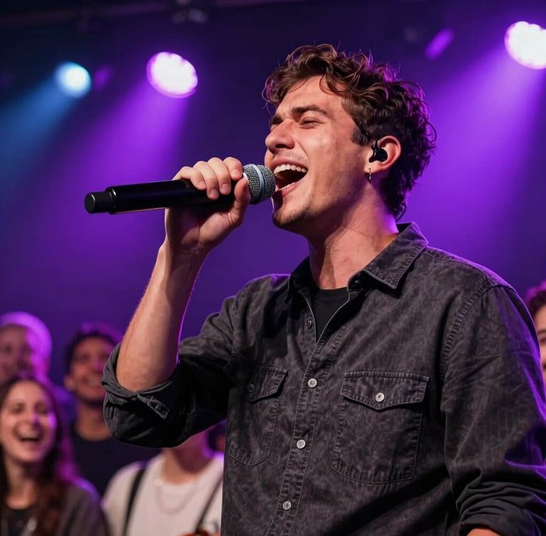 Candid high-contrast shot of a performer singing passionately into a wireless microphone under vibrant neon purple spotlights, laughing crowd in the background, low-angle heroic framing, rich atmosphere.