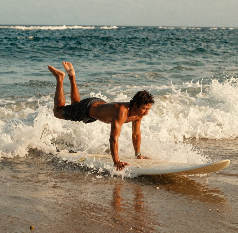 Close-up of a professional surf instructor demonstrating pop-up technique on a surfboard on the sandy beach of Bali, warm morning light, 35mm film style