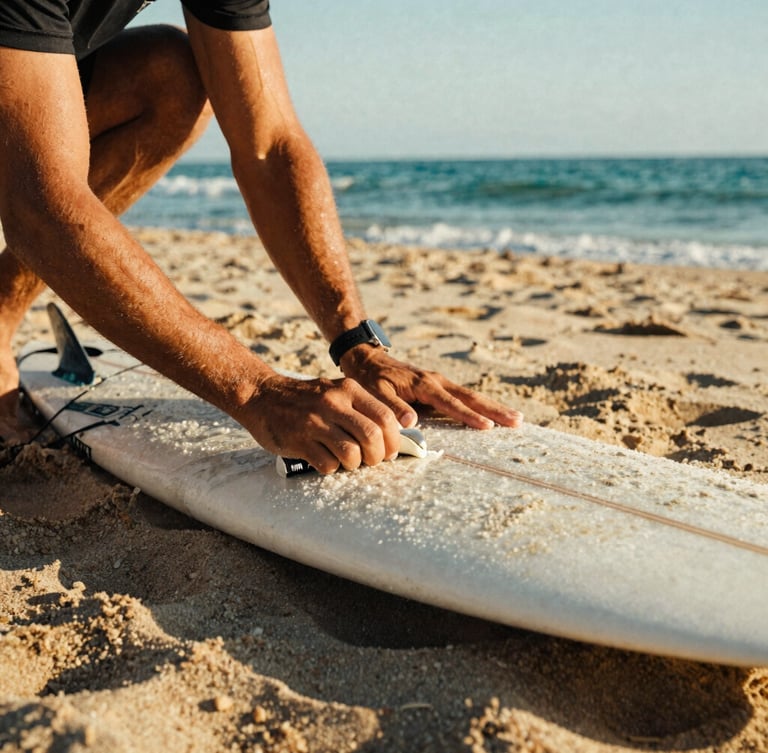 Close-up of a surf instructor's hands waxing a surfboard on warm sand, soft coastal daylight, rich ocean teals and sand tones, 35mm film style