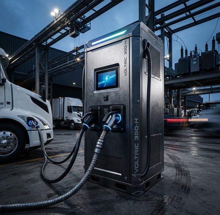 Low-angle heroic shot of a heavy-duty IP55-rated DC fast charging cabinet in a busy industrial fleet depot, liquid-cooled cables visible, sharp metallic reflections, cool blue and cyan accents, dramatic architectural lighting, crisp details.