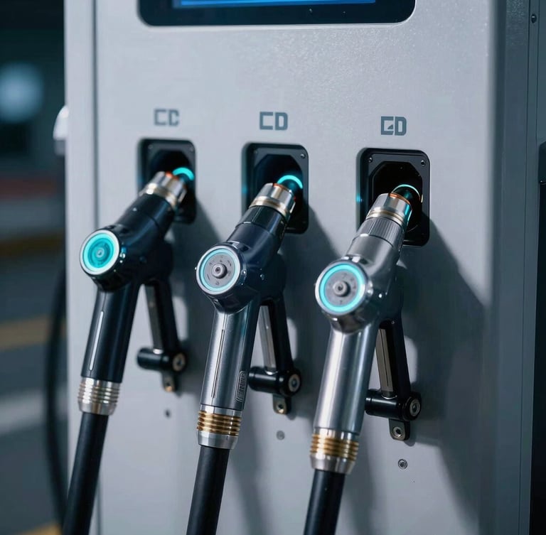 Close-up of a GridBuffer 3-gun DC fast charging station's triple port layout, showing heavy-duty liquid-cooled charging guns neatly coiled, with industrial metallic reflections and electric cyan accents, sharp focus on the connectors.