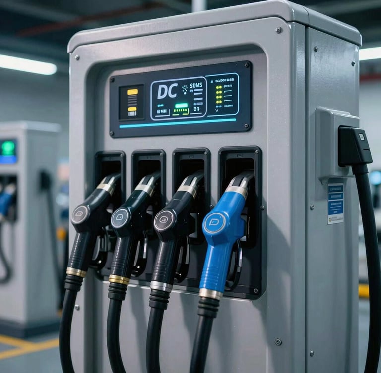 Close-up of a heavy-duty grid-buffered DC fast charging station in a commercial fleet depot, showing the robust industrial enclosure and multi-port liquid-cooled charging guns, focused on the integrated battery storage section, high-contrast cool lighting, sharp metallic details.