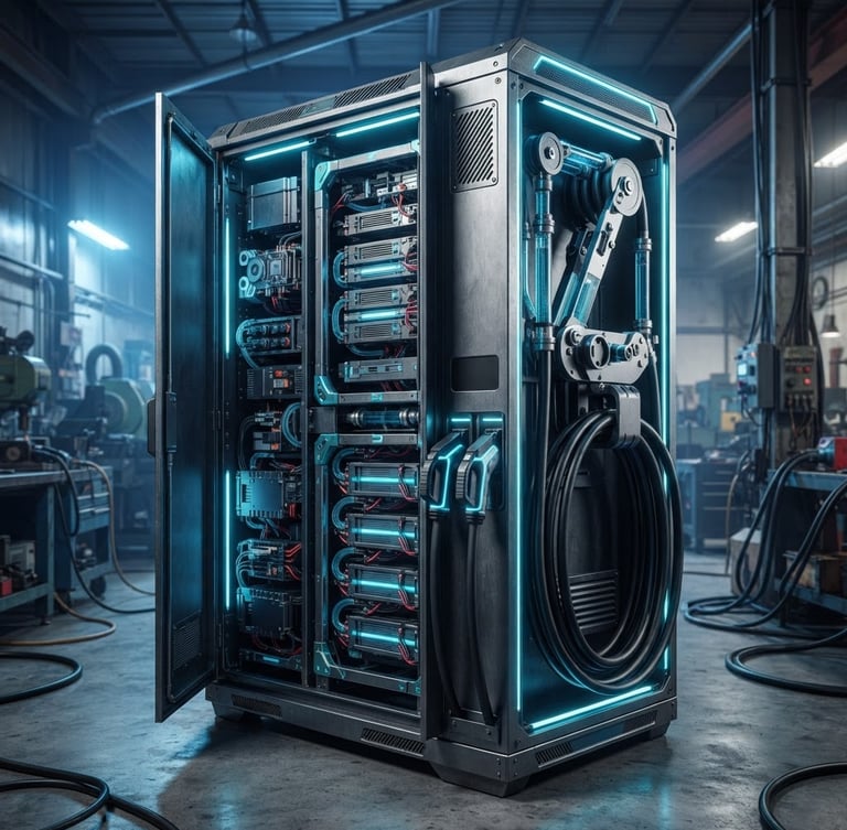 Technical CAD rendering of a 2-gun DC fast charging cabinet, showcasing internal battery storage modules and liquid-cooled cable management system. Industrial setting with sharp blue and cyan accents, high-contrast lighting, 50mm lens.
