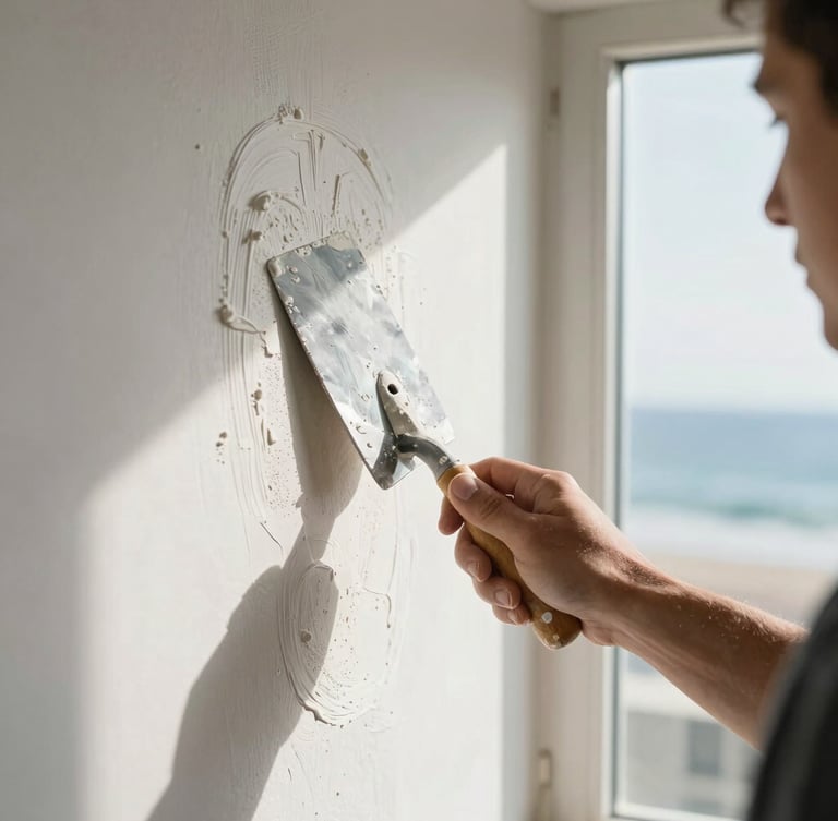 Close-up of a craftsman's hand applying white plaster to a wall with a trowel, bright natural Atlantic light coming from a window, high contrast, focus on texture