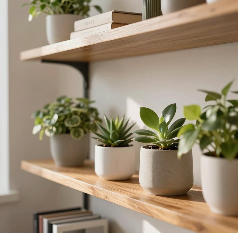 A close-up of a beautifully organized, sunlit living room shelf with polished wooden surfaces and green plants, warm daylight, 35mm editorial.