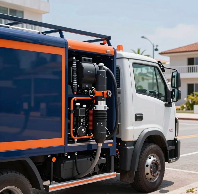 Close-up of a high-tech utility truck with hydro-jetting equipment, professional navy blue and orange details, parked on a clean Santos street near beachfront buildings, bright daylight.