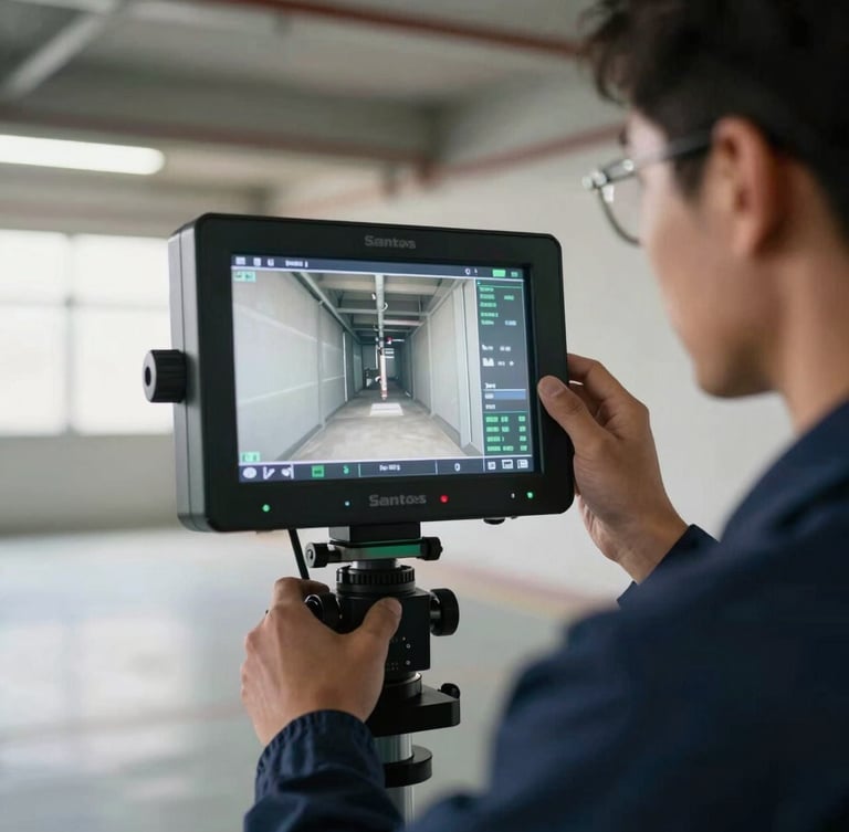 Close-up of a professional technician in a clean navy uniform adjusting a digital video inspection monitor showing a pipe interior, bright utility room lighting, sharp focus on the high-tech diagnostic equipment, Santos condominium garage setting.