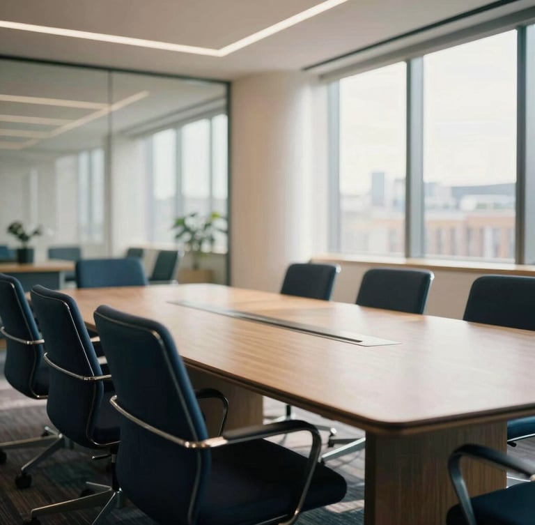 Wide environmental shot of a modern, sunlit London boardroom, architectural details of contemporary workspace, soft natural light, 35mm