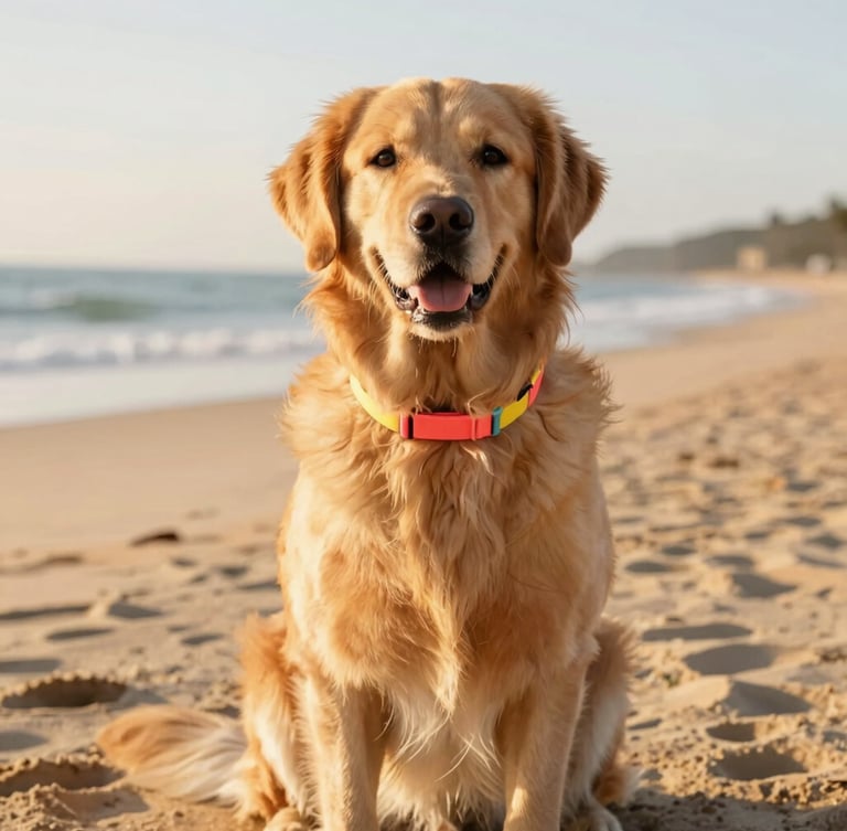 A beautiful golden retriever wearing a vibrant coral and yellow collar, sitting proudly on a sunlit beach during golden hour, editorial style.