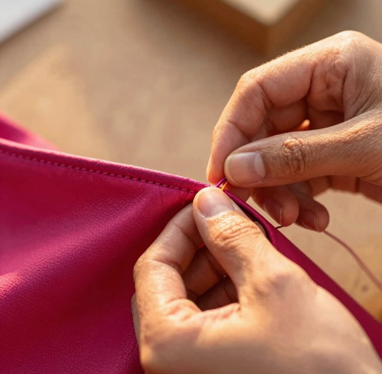 Detailed close-up of artisan hands carefully stitching a fuchsia collar, warm golden-hour light illuminating the thread and leather, shallow depth of field.