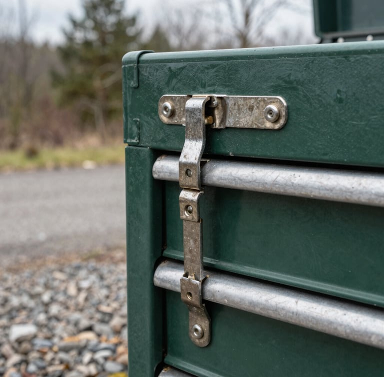 Close-up of heavy-duty steel hinges on a dark green tool chest, overcast natural daylight, weathered gravel background, sharp focus, 35mm lens