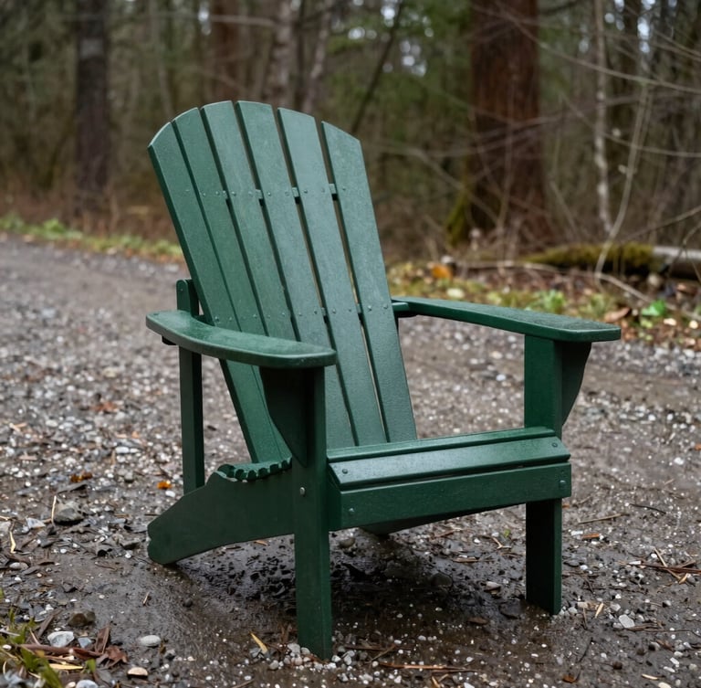 Ground-level shot of a heavy-duty forest green Adirondack chair on a wet gravel path, overcast natural daylight, desaturated forest tones, sharp focus, 35mm lens