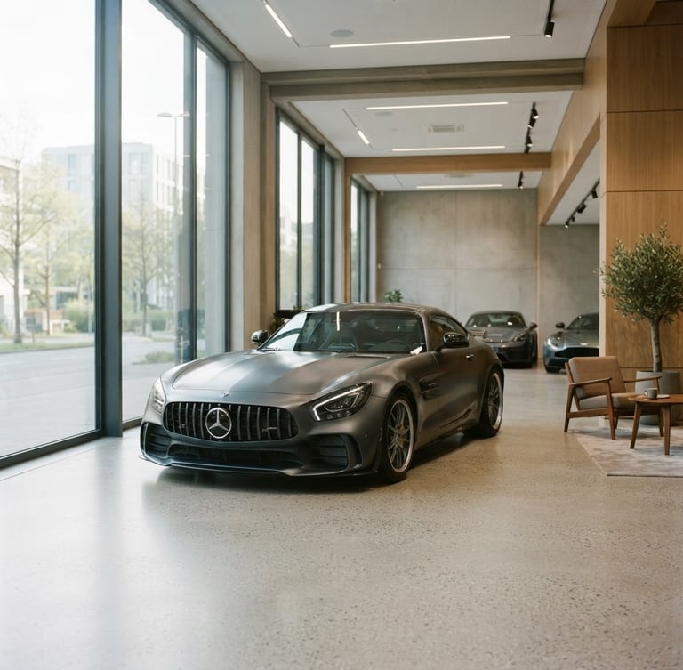 Intérieur lumineux du showroom KMF Automobile, un véhicule d'occasion haut de gamme est garé au centre, lumière naturelle douce filtrant par de grandes baies vitrées, ambiance épurée et moderne, 35mm lens.