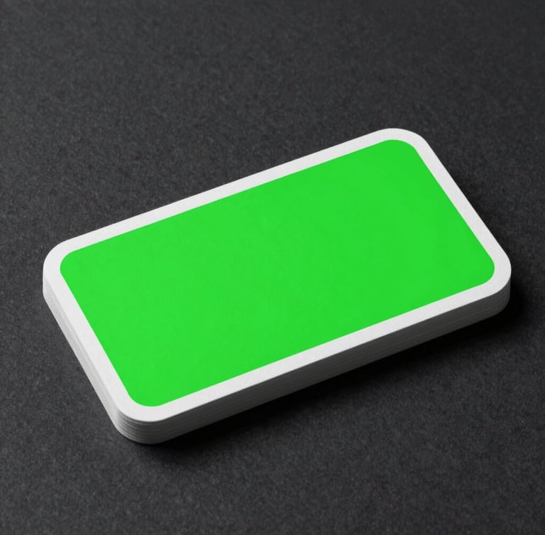 A minimalist technical diagram of a business card showing a 3mm bleed line in neon green, a solid white trim line, and a safe text zone, sharp studio lighting, 3D paper mockup on dark charcoal surface