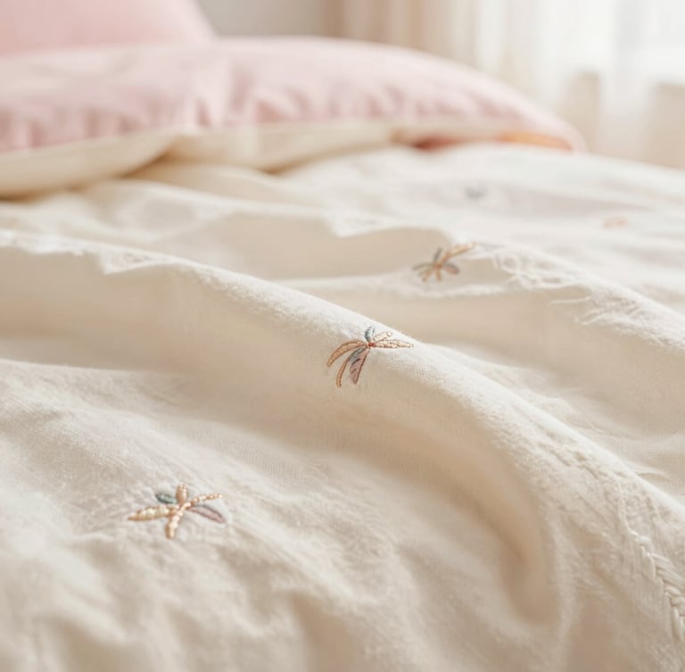 Close-up of soft cream fabric with delicate, minimal embroidery, hand-crafted details catching warm diffused sunlight, pastel tones, shallow depth of field